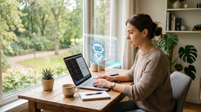 Businesswoman using laptop with artificial intelligence chatbot hologram at wooden desk.