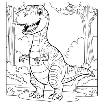 Cheerful Cartoon Tyrannosaurus Standing in Prehistoric Forest Coloring Page