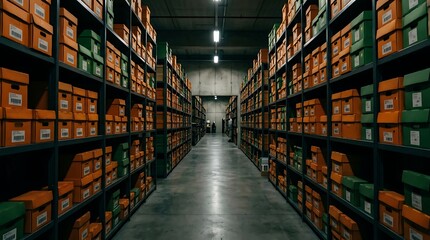 Fototapeta premium Rows of cardboard boxes stored on tall metal shelves in a large dark industrial warehouse distribution center