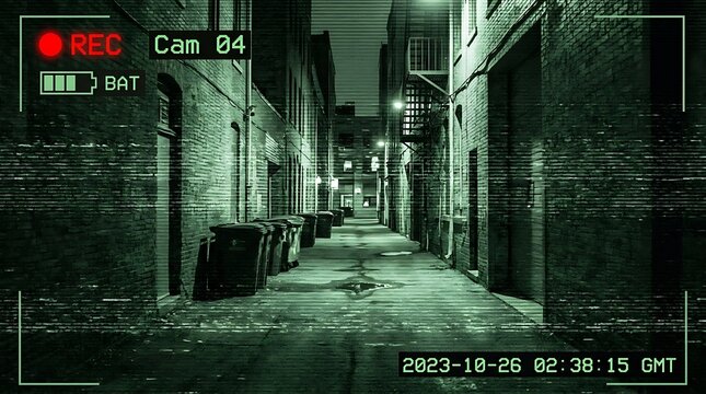 Security surveillance camera footage of a dark narrow city alleyway at night with vintage recording overlay