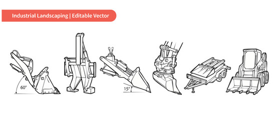 Obraz premium Heavy machinery vector icon set of industrial landscaping equipment attachments including skid steer loader, excavator bucket, trailer, hydraulic stabilizer line art diagrams isolated on white canvas.