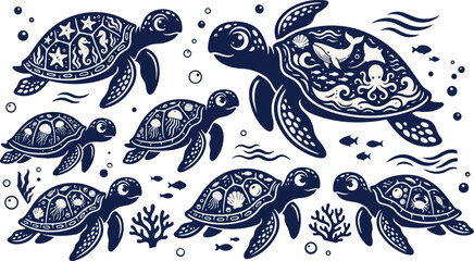 Ornate sea turtle silhouettes with detailed whale and octopus shell patterns © SHARMIN