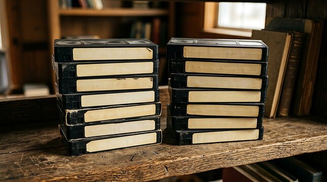 A stack of old black video tape cassettes sitting on a rustic wooden table in a dark and cozy home library room