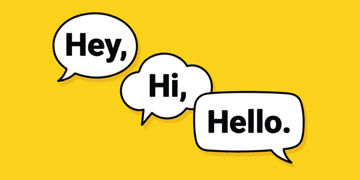Speech bubbles with greeting text hey hi and hello on a bright yellow background pattern Vector