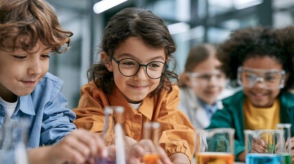 Obraz premium Young children wearing safety goggles and holding test tubes while conducting science experiments at a lab table