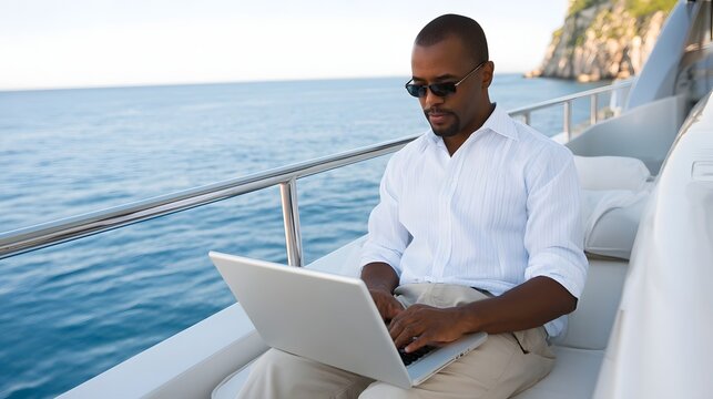 A man wearing sunglasses is focused on typing on a laptop computer while seated on the deck of a boat overlooking calm blue water