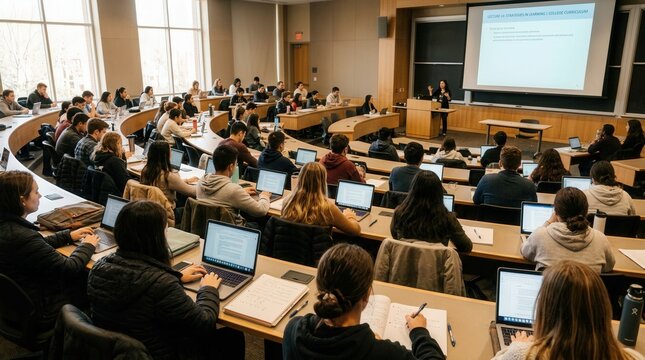 Students using laptops during a university lecture in a large academic hall.
