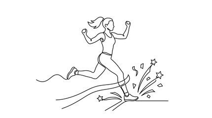 Fototapeta premium Continuous Line Art of Woman Runner Crossing Finish Line in Victory 