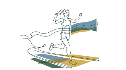 Naklejka premium Minimalist Line Art of Winning Female Runner Crossing Finish Line 