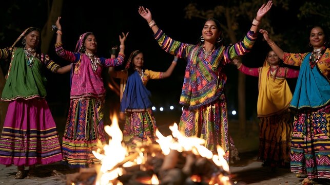 A group of women in vibrant traditional clothing perform a folk dance around a glowing campfire under dark skies