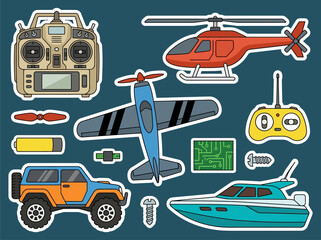 Naklejka premium Remote Control Hobby Sticker Set with RC Car, Plane, Helicopter, Boat, and Controllers