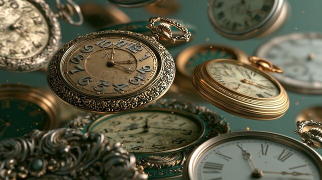 Floating antique pocket watches suspended in a cosmic vortex with nebula light and zero-gravity motion.