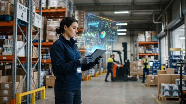 Logistics worker using tablet with holographic inventory data overlay in warehouse.