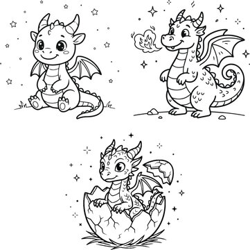 Adorable dragon coloring page for children's activity cute baby dragons and hatching eggs illustration