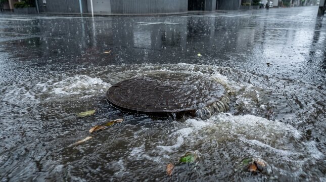 豪雨でマンホール周辺にあふれる雨水 都市型水害と排水インフライメージ