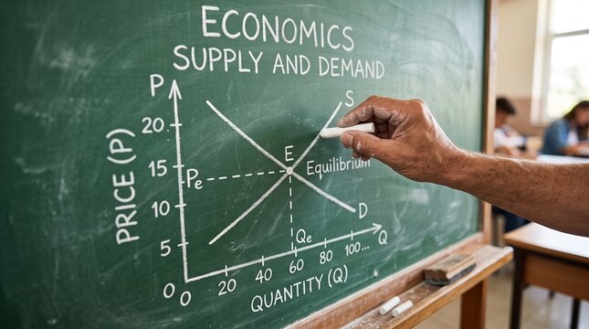 Economics classroom, supply and demand graph on chalkboard, business education concept