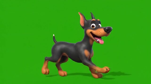 A happy cartoon doberman dog running on a green screen, perfect for animated projects and cute dog content