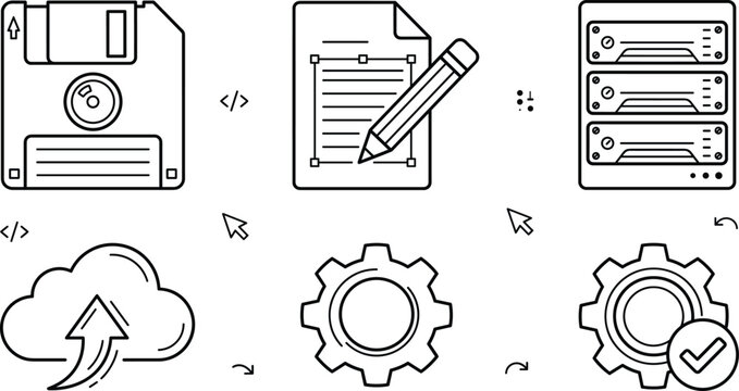 Data storage and system configuration line icon set with floppy disk document editing server rack cloud upload and gears