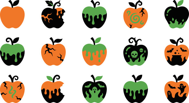 Set of fifteen vector halloween themed apples featuring green and black elements, showcasing spooky designs with skulls, bats, ghosts, and spiderwebs.