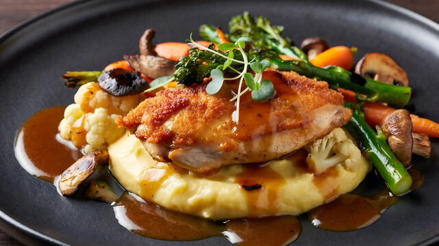 Crispy Chicken Supreme with Creamy Potato Pur&eacute;e and Seasonal Garden Vegetables