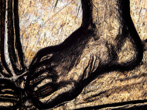 Microscopic detail of an engraved foot on a 1974 French 50 francs coin under microscope