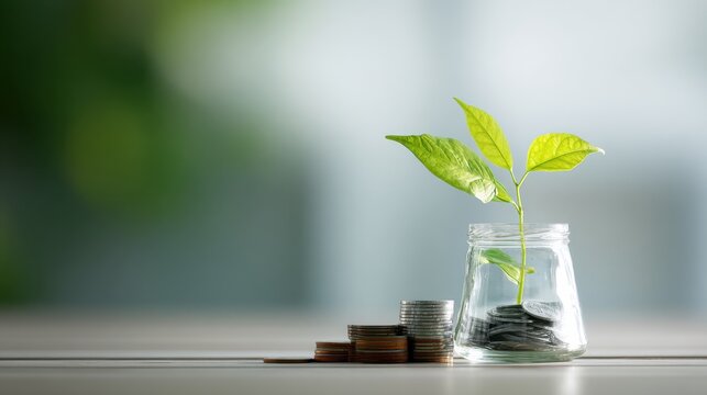 A vibrant green plant grows from a glass jar filled with coins. This is a visual metaphor for financial.
