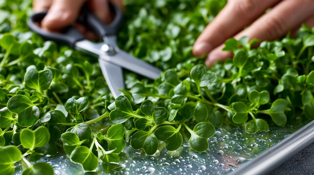 Freshly harvested microgreens naturally spread across a stainless steel harvest table immediately after cutting, loose edible leaves creating an organic flowing pattern while harve