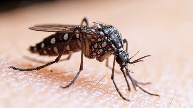 Macro close-up of Aedes aegypti mosquito resting on human skin with natural light
