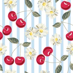 Cherry, white daisy flowers, striped background. Vector floral illustration. Seamless pattern. Garden berries. Summer design © ojardin