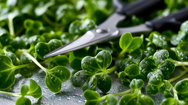 Freshly harvested microgreens naturally spread across a stainless steel harvest table immediately after cutting, loose edible leaves creating an organic flowing pattern while harve