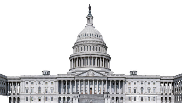 United States Capitol building with dome and columns, isolated on transparent background