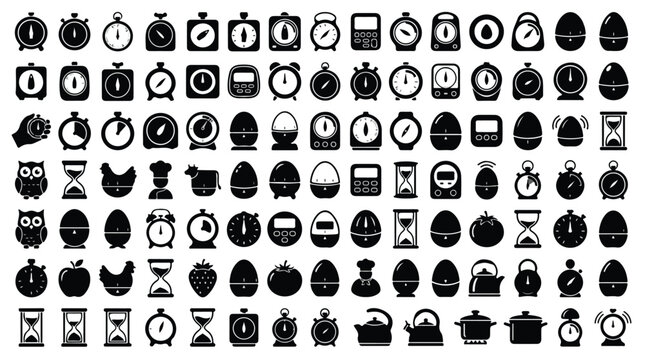 Kitchen timer icon set, black silhouette egg timer and stopwatch vector collection, mechanical and digital cooking clocks for culinary interface design