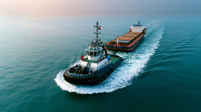 Professional commercial photograph, award-winning stock photo, aerial three-quarter view from close behind a large tugboat towing a barge across pale mint-blue sea that blends soft