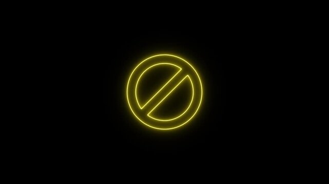 Bright yellow neon circular prohibition sign mounted on a dark textured brick wall glowing with intense light in the darkness