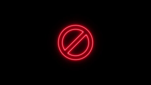Bright red neon circular prohibition sign mounted on a dark textured brick wall glowing with intense light in the darkness