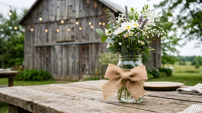Rustic Barn Wedding Decor with Flower Jar and String Lights