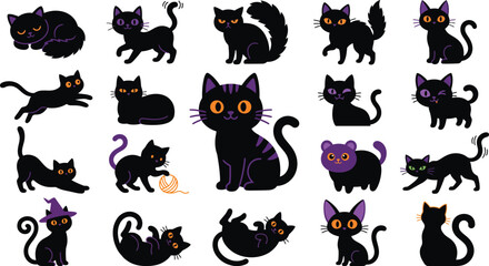 Fototapeta premium Black cats in various poses and halloween costumes