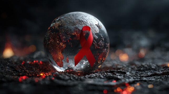 A glowing crystal globe with a red awareness ribbon sits on charred, dark earth. Global health and charity.