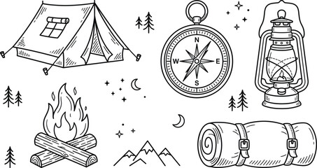 Camping and outdoor adventure line icon set with tourist tent compass vintage lantern campfire sleeping bag and mountains © MdShakib