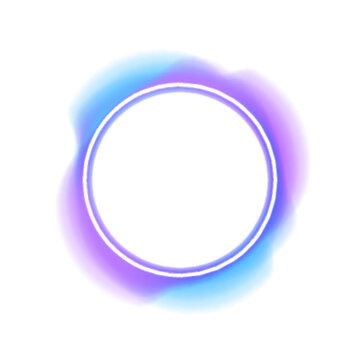 Colorful neon circle forms a glowing digital frame. Violet and cyan waves flow smoothly. PNG artwork for futuristic AI concepts.