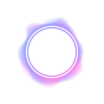 Bright circular neon frame features glowing wave patterns. Colorful gradients add depth. PNG illustration for cyber and AI technology.