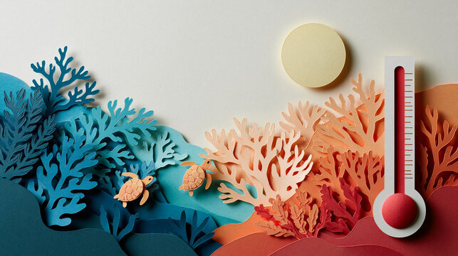 Layered papercraft artwork of stylized coral reef filling the lower half, built from overlapping cut paper layers shifting from deep cool blue and turquoise on the left to warm ble