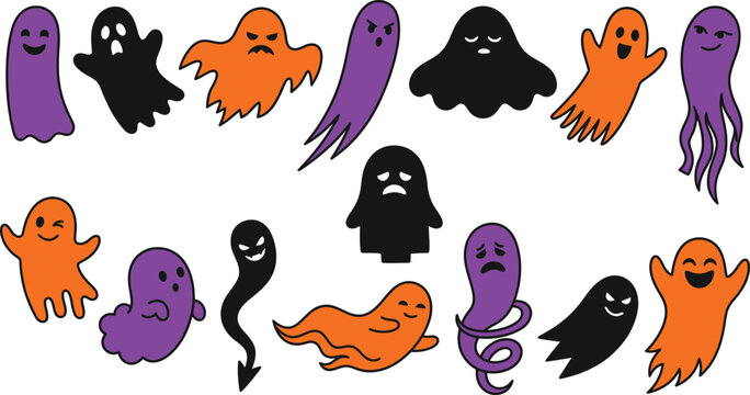 Colorful cartoon ghosts and spirits