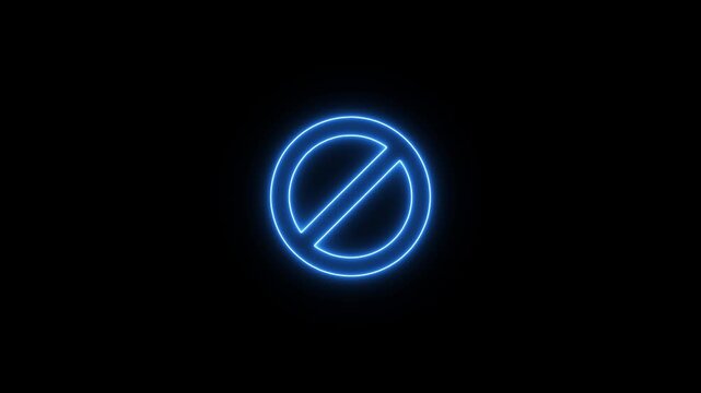 Bright blue neon circular prohibition sign mounted on a dark textured brick wall glowing with intense light in the darkness