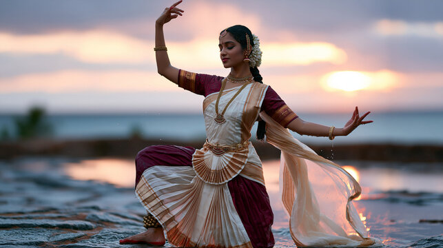 Kerala Bharatanatyam classical dancer, mid 20s, ethereal goddess like beauty, luminous dewy skin, expressive kohl lined eyes with graceful lowered gaze, serene half smile. Araimand