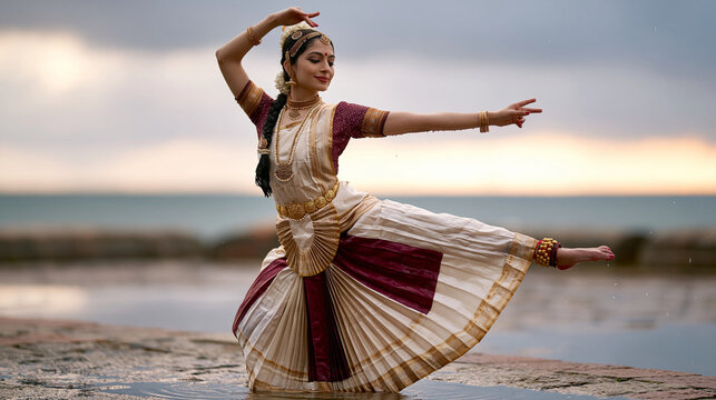 Kerala Bharatanatyam classical dancer, mid 20s, ethereal goddess like beauty, luminous dewy skin, expressive kohl lined eyes with graceful lo