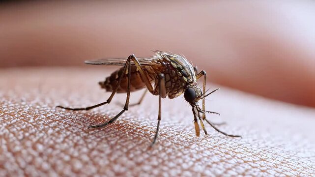Close-up macro shot of a mosquito on human skin with natural light