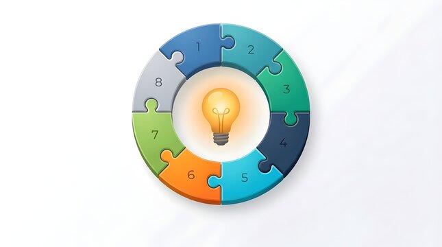Circular puzzle with eight numbered colorful pieces surrounding a glowing lightbulb representing strategic business process and creative brainstorming cycle