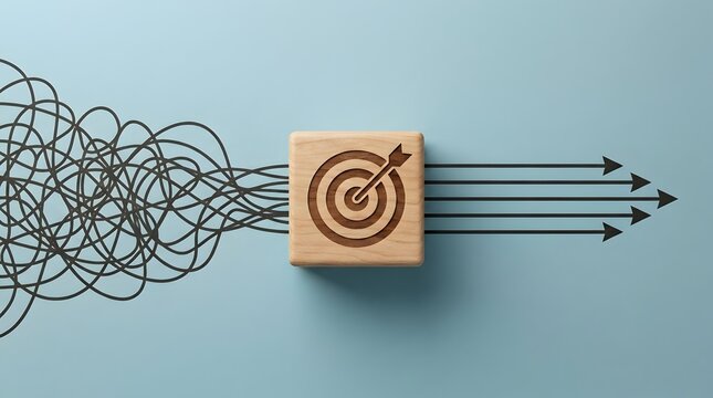 Complex tangled lines turning into straight arrows through a wooden target block showing problem solving and business goal focus on blue background