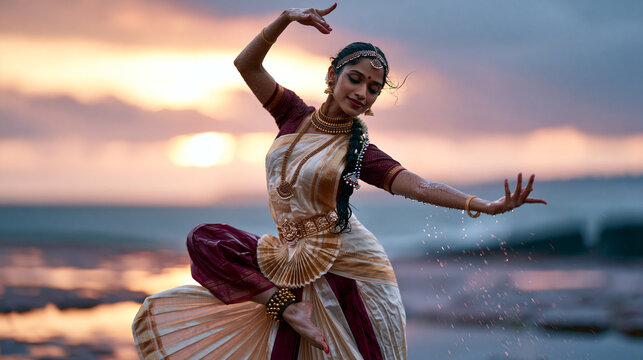 Kerala Bharatanatyam classical dancer,  mid 20s, ethereal goddess like beauty, luminous dewy skin, expressive kohl lined eyes with graceful l